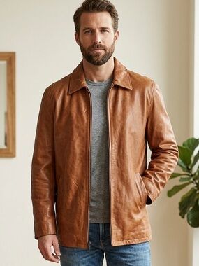 Rare VINTAGE SOFT ITALIAN LEATHER men’s long sleeve tan zip up jacket Size Large